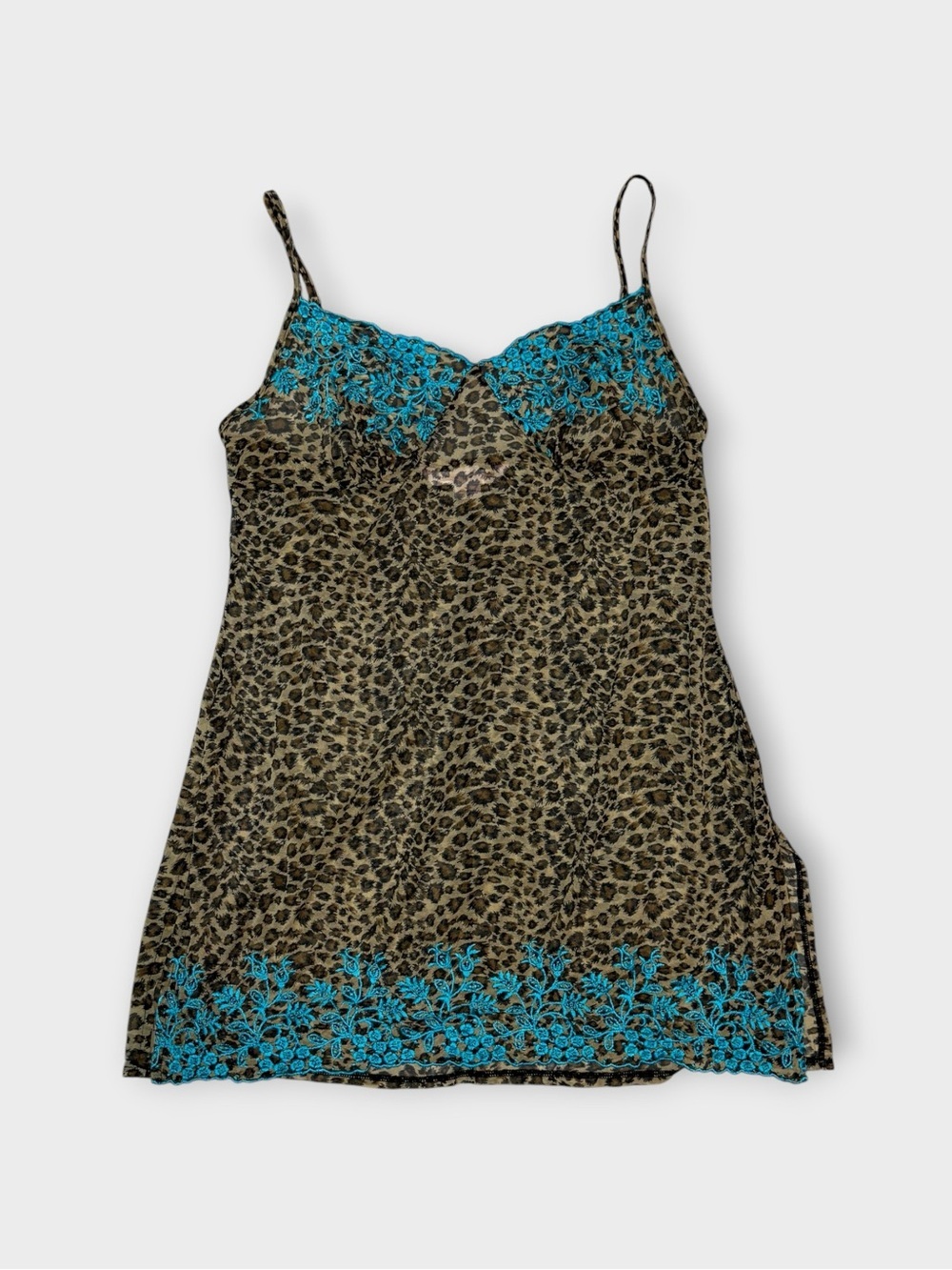 Victoria’s Secret Leopard Print Mesh Slip Mini with Turquoise Lace Trim — Size M